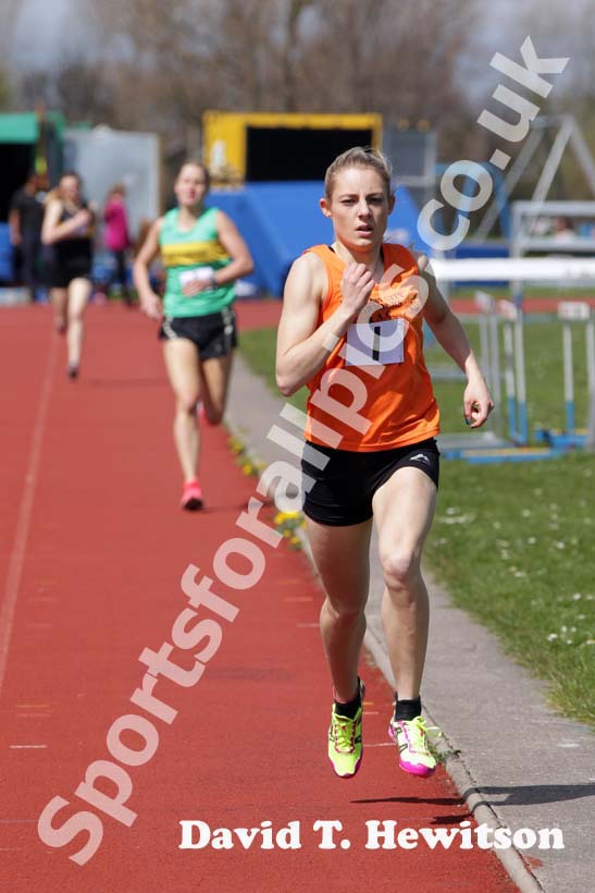 Chloe Price (Durham City) wins the 800 metres at the North of England, Div. 4E, Whitley Bay.